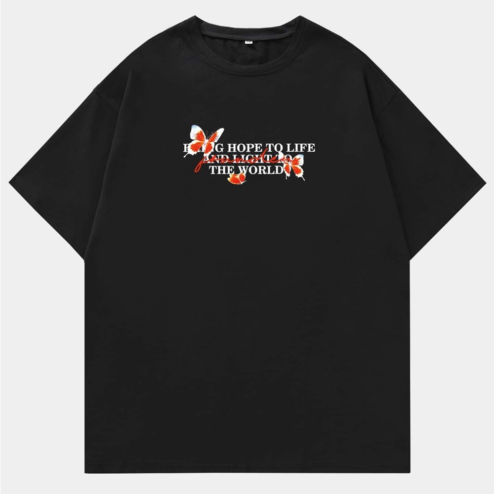 Romwe Butterfly Letter Black Short Sleeve Graphic Tee Mens M